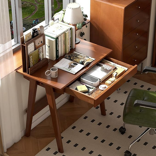 100% Solid Rubber Wood Desk Home Office Desk Mid Century Modern Writing Computer Desk with Drawer for Home Office 31"