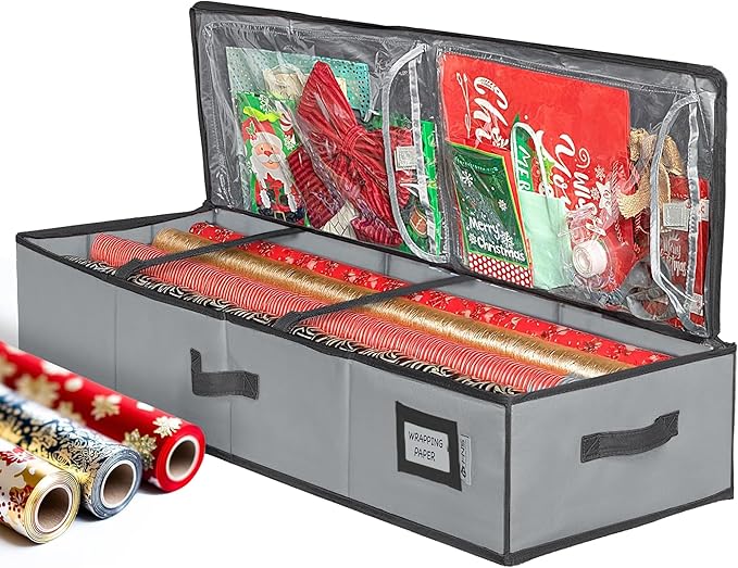 HOLDN’ STORAGE Premium Wrapping Paper Storage Container - Durable 600D Tear-Proof, Fits 27 Rolls Gift Wrap, Extra Pockets for Ribbons & Bows, Underbed Storage - Ideal for Holiday Christmas, Gray