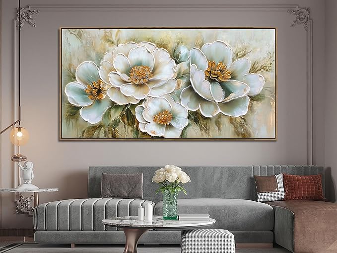 Arjun Big Size Framed Canvas Wall Art for Bedroom, Large Wood Frame Vintage Flower Painting Living Room Textured Artwork Gold Picture Bloosom Dining Room Kitchen Home Office Wall Decor, 58"x29"