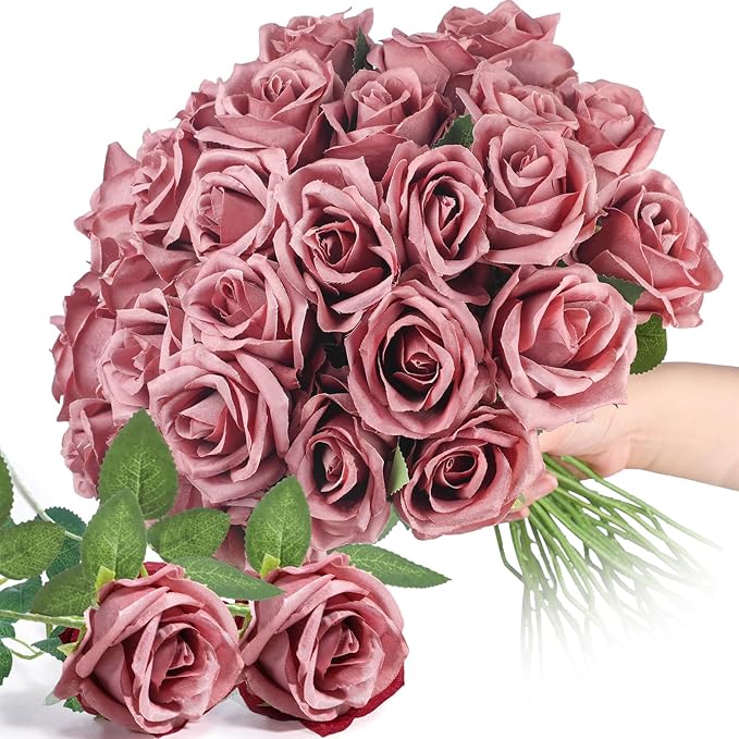 30 Pcs Rose Artificial Flowers in Bulk Real Touch Long Stem Silk Roses Bouquets Realistic Faux Flowers for Wedding Bridal Shower Home Decor Floral Arrangements Table Centerpiece(Dusty)