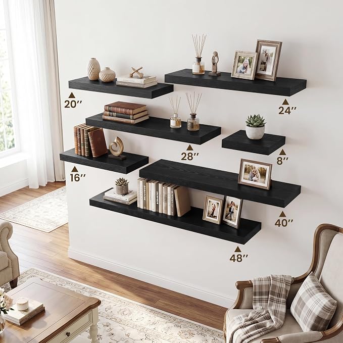 RICHFOCUS 20Inch Floating Shelves for Wall 2 Pack Shelves for Bedroom|Kitchen|Bathroom|Laundry Room Rustic Wood Wall Mounted Shelf with Invisible Brackets for Books|Storage|Decor, Black