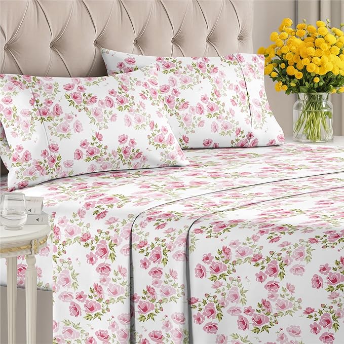 Floral Sheets - Pink Floral Bed Sheet Set - 1 Flat, 1 Fitted & 2 Pillowcases w/ Deep Pockets - Comfy, Wrinkle & Fade Free - Boho Botanical Bedding - Ultra-Soft, Breathable & Cooling - Queen Size Set