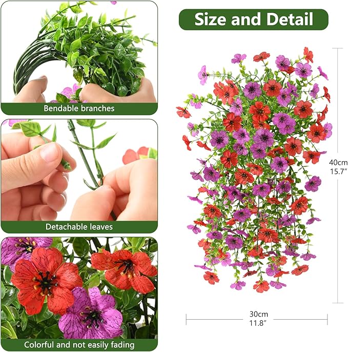 Artificial Fake Flowers Plants for Outdoor Spring Summer Decoration, 2PCS Faux Daisy Silk Flower Outside No Fade UV Resistant Realistic Home Decor for Porch Patio Balcony Window Box(Red purple)
