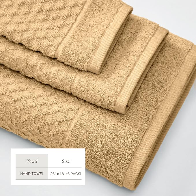 Great Bay Home Hand Towels - 100% Cotton 6 Pack 26x16 Hand Towel Set - Absorbent, Durable, Quick-Dry Towels for Bathroom (Sand)