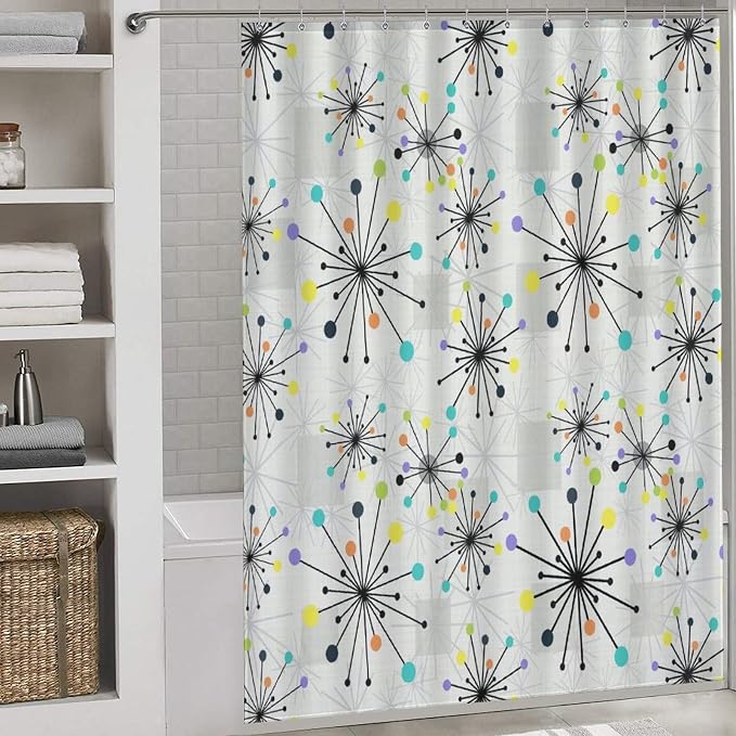 Mid Century Modern Shower Curtain,Retro Abstract Atomic Starburst Geometric Diamond Pattern Shower Curtains Set for Bathroom Fabric Decorative Bath Curtain Washable Curtain Hooks, 72x72”