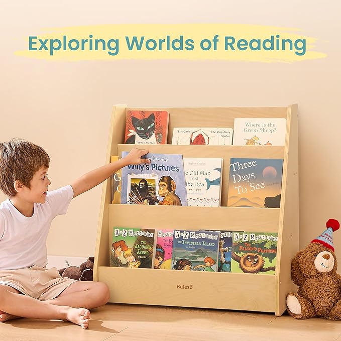 Kids Bookshelf for Toddlers, 3-Tier Wooden Montessori Bookshelf, Classic Style, Children's Bookcases, Nursery, Classroom, Playroom