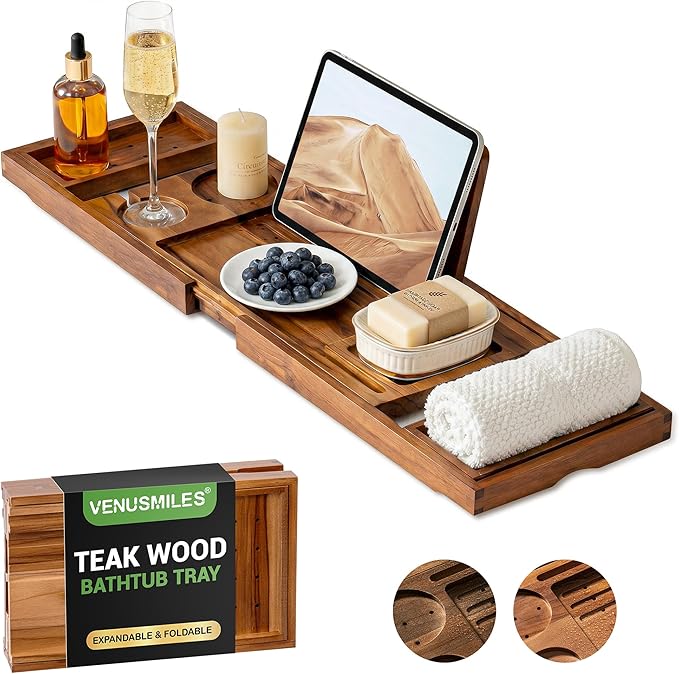 Venusmiles Teak Bathtub Tray Caddy, Foldable Bath Tray with Expandable Handles, Wine Glass and Phone Holders, Book Stand, for Home Spa Relaxation, Luxury Bathroom Accessories - Light Walnut Color