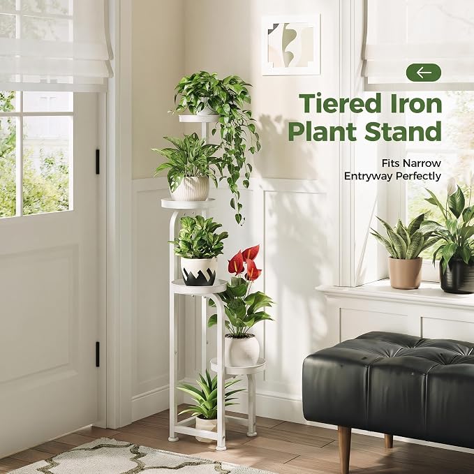 Bamworld Corner Plant Stand Indoor Outdoor, Tall Metal Flower Pot Stands for Multiple Plants, 4 Tier White Heavy Duty Plant Shelf for Patio Garden Balcony Living Room Bedroom(Patent Design)