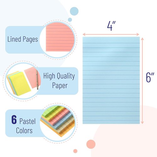 Mr. Pen Lined Sticky Notes - 4" x 6", 6 Pads, 45 Sheets Each - Pastel Color Memo Pads for Office & School