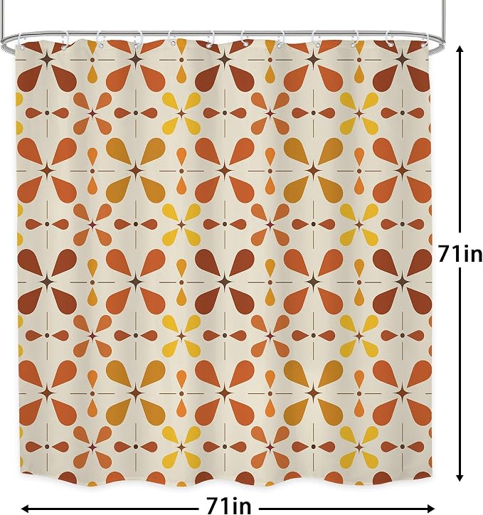 Boho Mid Century Orange Shower Curtain Bathroom Set 71Wx71H Inches Modern Red Abstract Water Drop Bohemian Vintage Colourful Geometry Bath Accessories Retro Art Home Decor Fabric 12 Pack Hooks