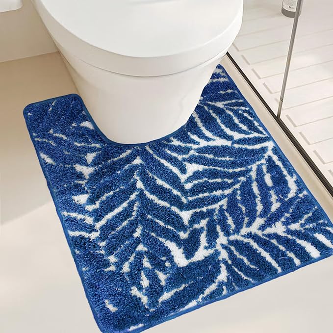 Blue Toilet Rug - U-Shaped Dark Blue Bath Mat Tropical Leaf U Shape Toilet Rugs Non Slip Washable for Bathroom Floor, Cute Plant Bathmat Absorbent Bathroom Mats Botanical Home Decor 20" x 24"