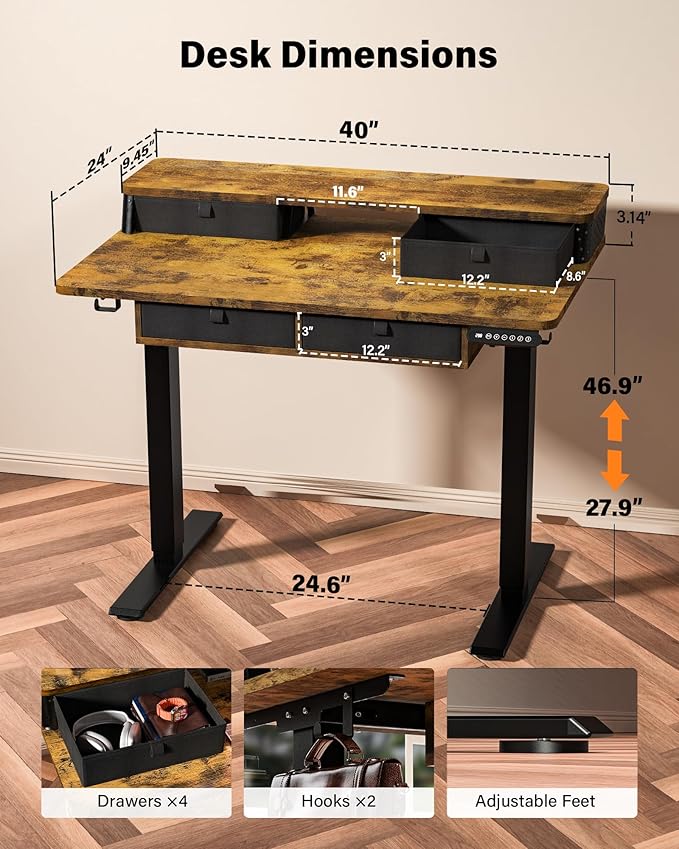 FiCiHi Adjustable Height Standing Desk with 4 Drawers,40 x 24 inches Electric Sit Stand Home Office Desk with Two Tiers, 3 Memory Presets, Monitor Stand Riser, C-Clamp Mount Compatible