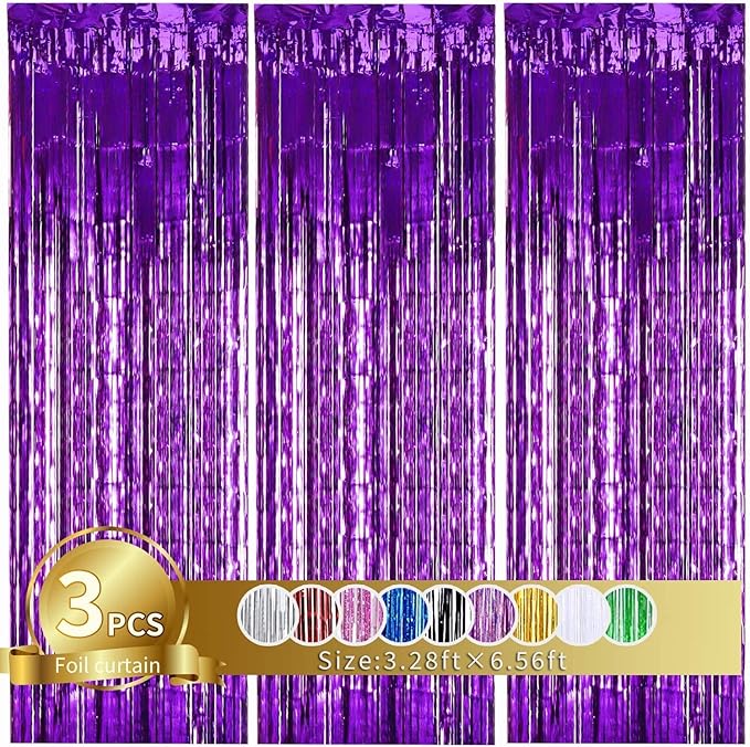 TONIFUL 3Pcs Purple Door Streamers,Purple Photo Booth Backdrop,Metallic Streamers Foil Fringe Curtains for Halloween Birthday,Christmas,New Year,St. Patrick's Day Party Decor(9.9ft x 6.6ft)
