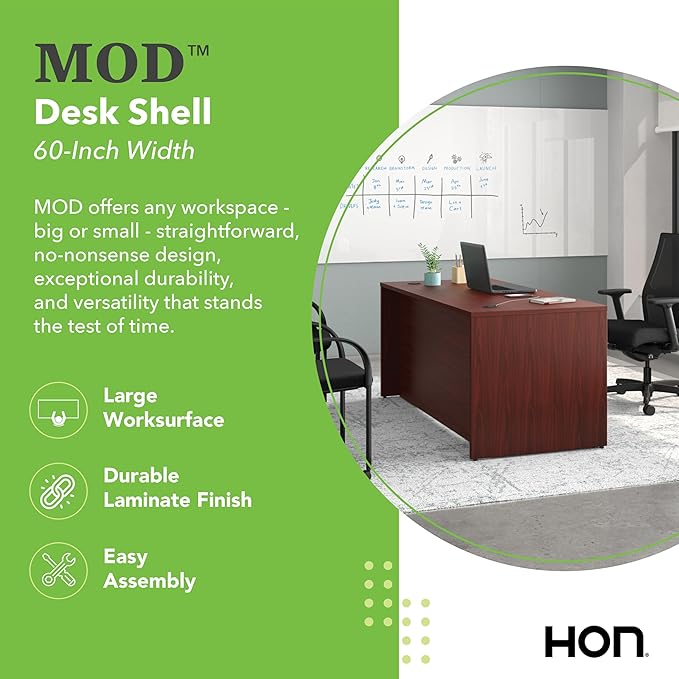 HON MOD Executive Desk 60-Inch Large Computer Desk Shell, Thick Wooden Laminate, Modern Table with Cord Management, 60" W x 30" D x 29" H, Traditional Mahogany