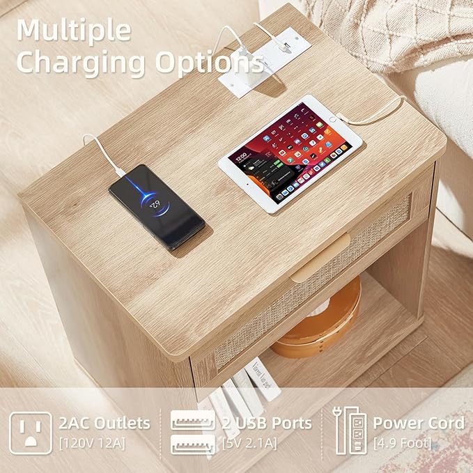 LEYAOYAO Rattan Nightstand with Charging Station, Natural Wood Night Stand with Drawer, 23" Wide Boho Bedside Table with Storage Shelf, Bed Side End Tables for Bedroom, Living Room, Hallway