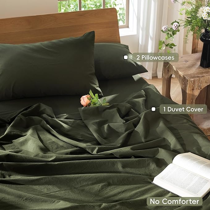MooMee Bedding Duvet Cover Set 100% Washed Cotton Linen Like Textured Breathable Durable Soft Comfy (Solid Olive Green, King 104"x90")