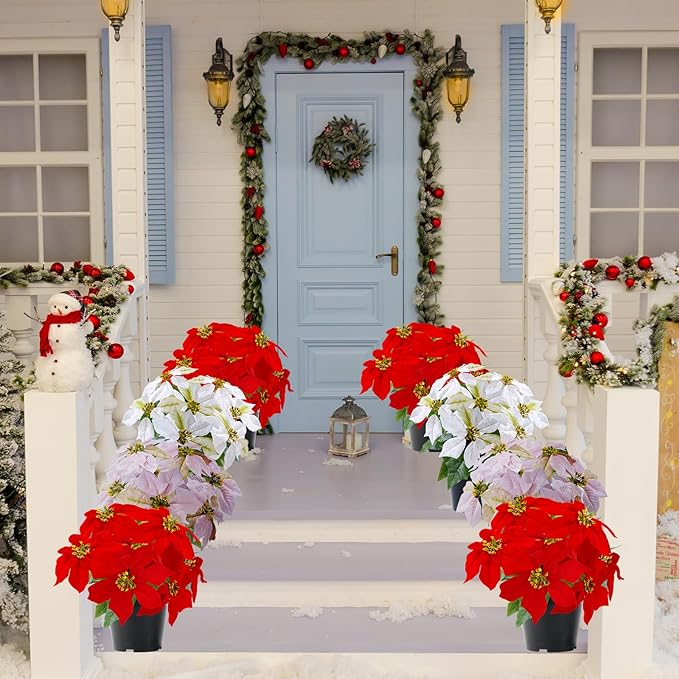 Artificial Pink Poinsettia Plant - 14Inch Faux Christmas Flowers for Indoor Outdoor Xmas Porch Garden Decorations