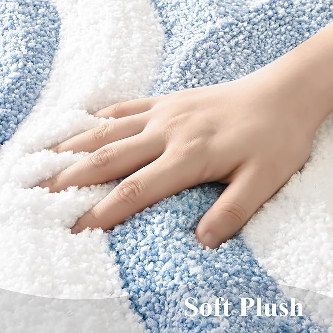 QJHOMO Blue and White Cute Bathroom Rugs Non Slip Bath Mat Modern Aesthetic Bathroom Decor, Geometric Striped Bath Rug Fluffy Floor Mats, Thick Microfiber Carpet Super Absorbent Bathmat (20x32 inch)