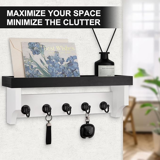 Lucundm Key and Mail Holder Wall Mount, Key Holder with Shelf and Mail Organizer Wall Mount. Mail Holder with 5 Hooks for Coat, Dog Leash, Home Decor Rack, Entry Way Organizer (Black & White)