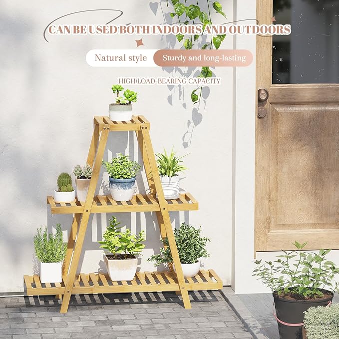 STDDRE Plant Stand For Indoor Outdoor Tiered Plant Shelf 3 Tier 8 Potted Bamboo Flower Holder Ladder Rack For Multiple Triangle Table Plant Pot Stand (Natural)