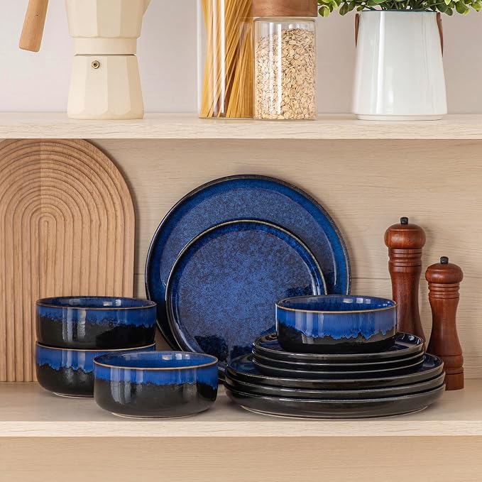 vancasso Starry 12 Pieces Dinnerware Sets for 4, Blue Reactive Glaze Dishes Sets, Ceramic Plates and Bowls Set, Dinner Salad Dessert Plates, and Cereal Bowls Set, Dishwasher and Microwave Safe