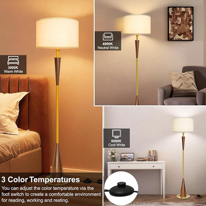 Floor Lamps for Living Room,61.5" Wood Floor Lamp,Retro Farmhouse Standing Lamp Includes 9W Bulb with 3-Color Temperature,Tall Lamp for Bedroom,Dining Room,Living Room,Corner,Bronze