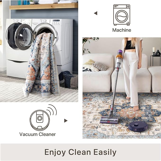 vivorug 5x7 Area Rugs - Boho Ultra-Thin Washable Rug with Non-Slip Backing, Ideal for Living Room, Bedroom, Kitchen Floor Carpet - Vintage Floral, Easy Clean, Durable, Low Pile Orange/Navy