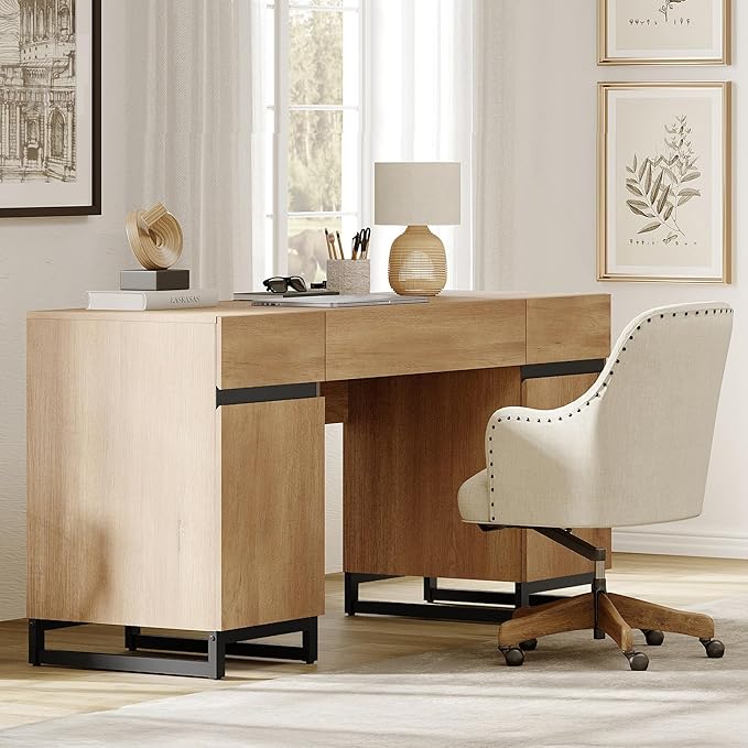 WAMPAT 59" Modern Executive Desk with Drawers, Home Office Computer Desk with Charging Station, File Drawer, Storage Cabinet, Wood Writing Desk for Work and Study, Oak