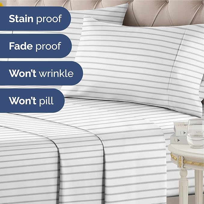 Striped Sheets - Black & White Striped Sheets - 1 Flat & 1 Fitted & 2 Pillowcases w/ Deep Pockets – Wrinkle & Fade Free - Soft, Breathable and Cooling – Luxury Pinstripe Bedding - King Size Bed Set
