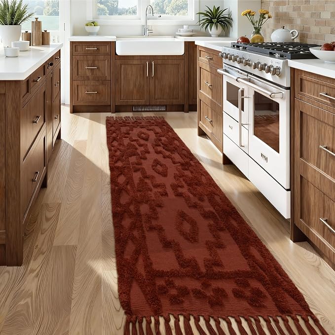 Uphome Boho Runners for Hallways 2' x 8', Washable Farmhouse Entryway Runner Rug, Cotton Tufted Bedroom Runner Rugs, Bohemian Tribal Aesthetic Rug for Kitchen Doorway Bathroom Living Room, Terracotta