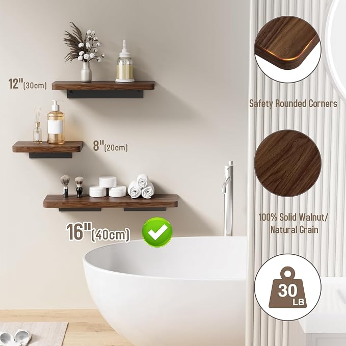 Danpoo 16 inch Solid Walnut Floating Shelf - Large, Heavy Duty Wall Shelf for Kitchen, Living Room, Bathroom, Built to Hold Books, Kitchenware, & Heavy Decor