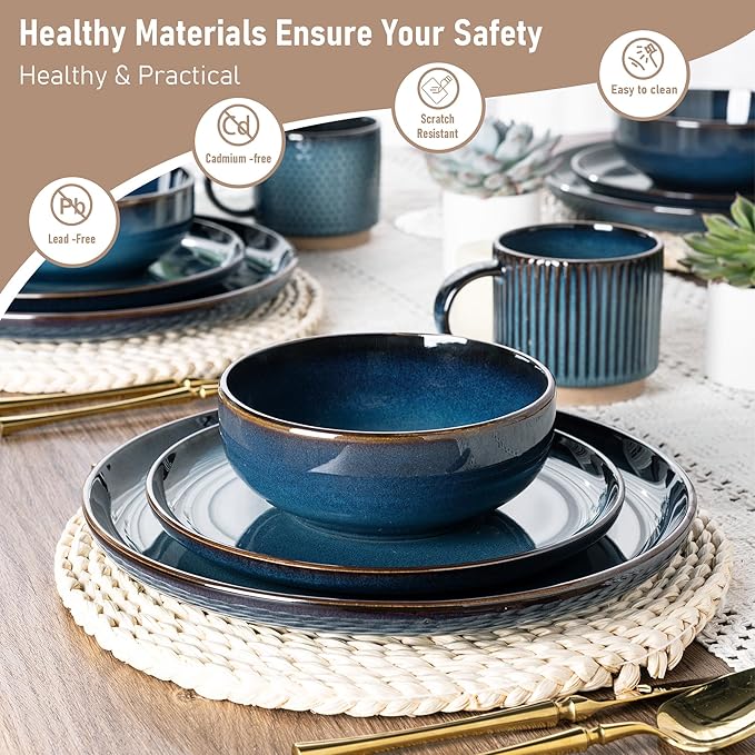GBHOME Ceramic Dinnerware Sets for 4, 12 Pieces Stoneware Plates and Bowls Sets, Scratch Resistant Dishes, Dishwasher & Microwave Safe, Reactive Glaze-Pacific Blue