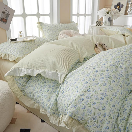 Ruffle Duvet Cover Queen Garden Style Lace Duvet Cover Soft Cotton Vintage Floral Blue Flower Bedding Set Romantic Ruffle Comforter Cover Princess Lace Bedding Botanical Comforter Cover Queen Size