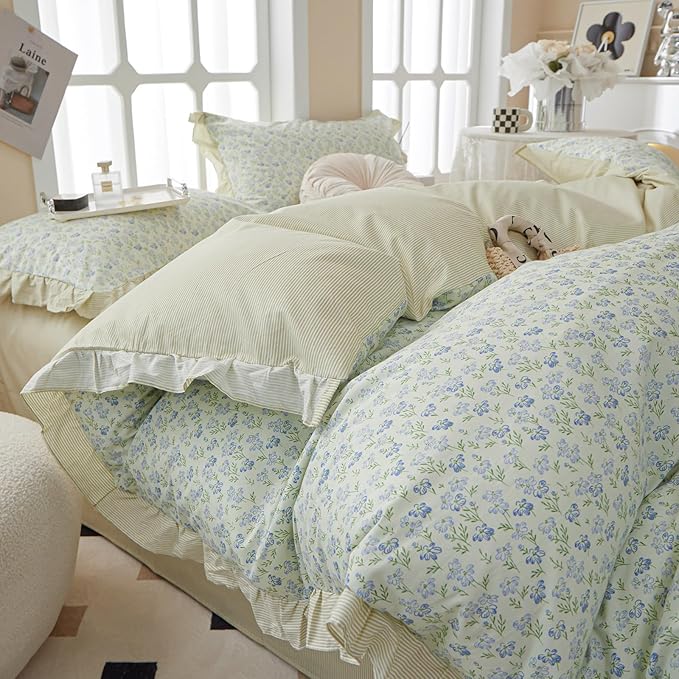 LifeTB Romantic Ruffle Duvet Cover Twin Garden Style Lace Duvet Cover Floral Pattern Blue Flower Comforter Cover Aesthetic Princess Lace Bedding Set 100% Cotton Floral Botanical Comforter Cover Twin