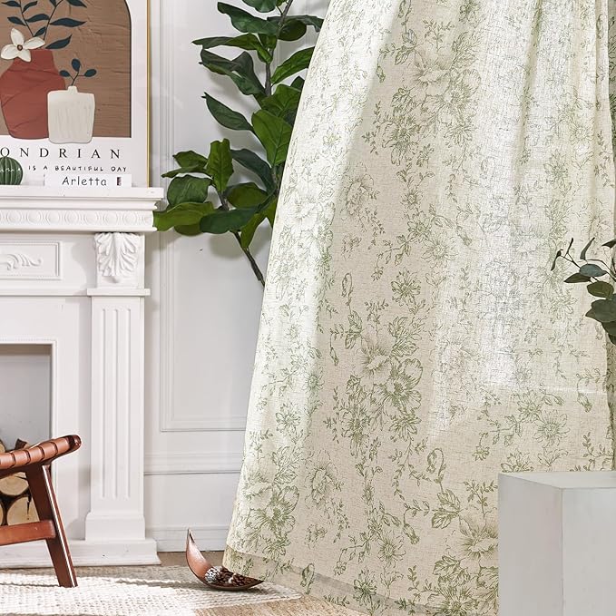 jinachan Linen Blend Floral Curtains for Living Room 96 Inch Length Christmas Sage Green Printed Curtain Rod Pocket Back Tab Farmhouse Peony Flower Patterned Drapes Bedroom Curtains Set 2 Panels