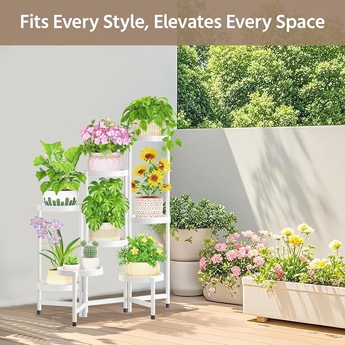 LASZOLA 8 Tiered Plant Stand Indoor Outdoor with Plastic Tray, Corner Folding Tall Flower Display Rack, Modern Plant Holder Shelf for Outdoor Patio Porch Garden Office Living Room, White