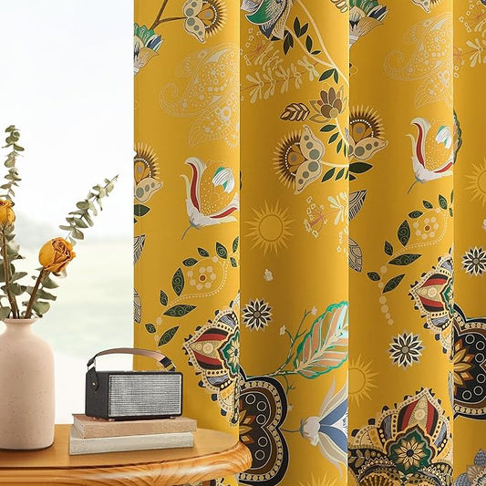 Mustard Yellow Vintage Floral Blackout Curtains & Drapes 90 Inches Long for Living Room Bedroom 2 Panels Boho Colorful Botanical Flower Leaf Printed Curtains Luxury Room Darkening Grommet Top 52x90