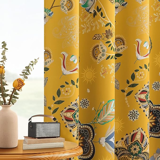 XiDi Vintage Floral Patterned Curtains Blackout 102 Inches Long 2 Panels for Bedroom Thermal Insulated Luxury Curtains with Botanical Leaf Printed Design Grommet Drapes Mustard Yellow 52x102