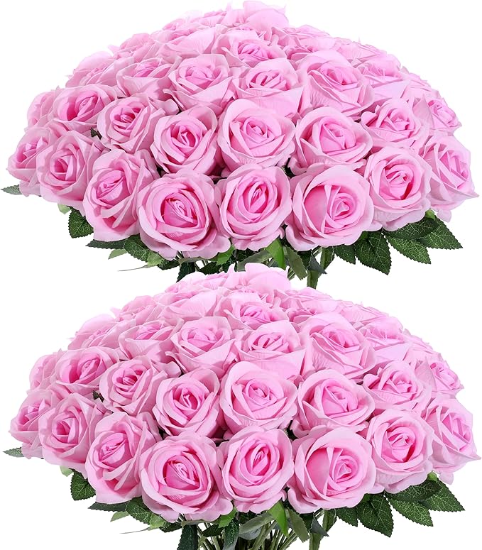 50Pcs Pink Roses Artificial Flowers Fake Roses Faux Velvet Silk Flower for Home Wedding Decoration (Pearl Rose, Gradient Pink)