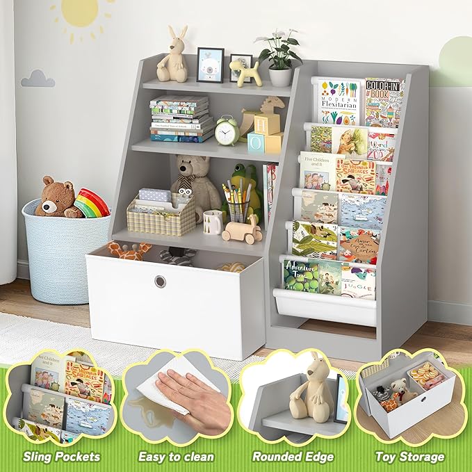 TOETOL Kids Bookshelf,Book Storage Organizer,6 Sling Toddler Wooden Book Shelf,3-Tier Kids Bookcase for Bedroom,Livingroom,Playroom,Nursery-Grey
