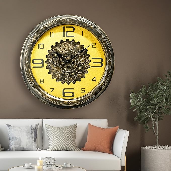 16 inch Large Gear Clock with Real Moving Gears, Steampunk Gold Wall Clock, Suitable for Living Rooms, Offices, Factories, Bedrooms, and Cabins (Gold, 16 inches)