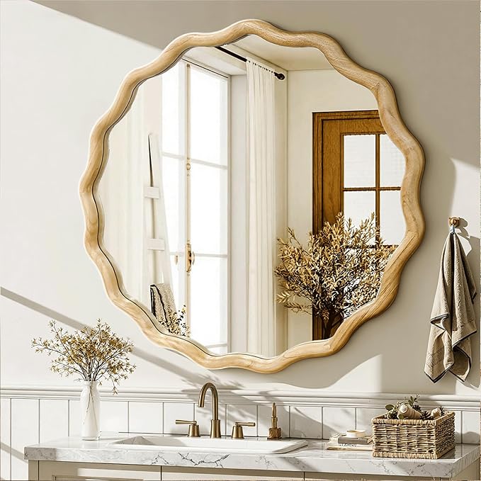 Circle Wood Mirrors for Wall, Wavy Round Bathroom Scalloped Mirror Wooden Frame 28 Inch for Living Room Farmhouse Bedroom Hallway Entryway Living Room with Shatterproof Glass Wall Mounted
