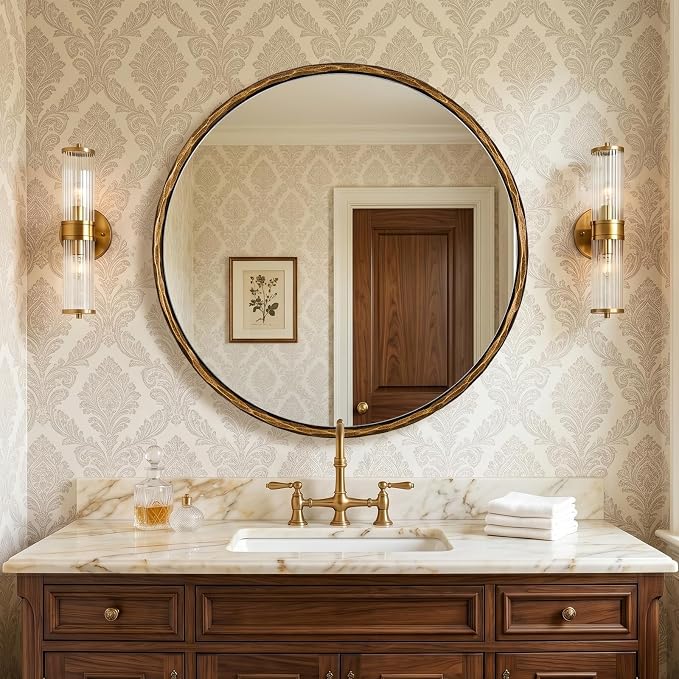 ANDY STAR Hand-Forged Round Gold Mirrors, 32 Inch Antique Brass Hammered Round Bathroom Mirror for Over Sink, for Vanity, Living Room, Vintage, Farmhouse, Rustic, Solid Steel Metal Frame