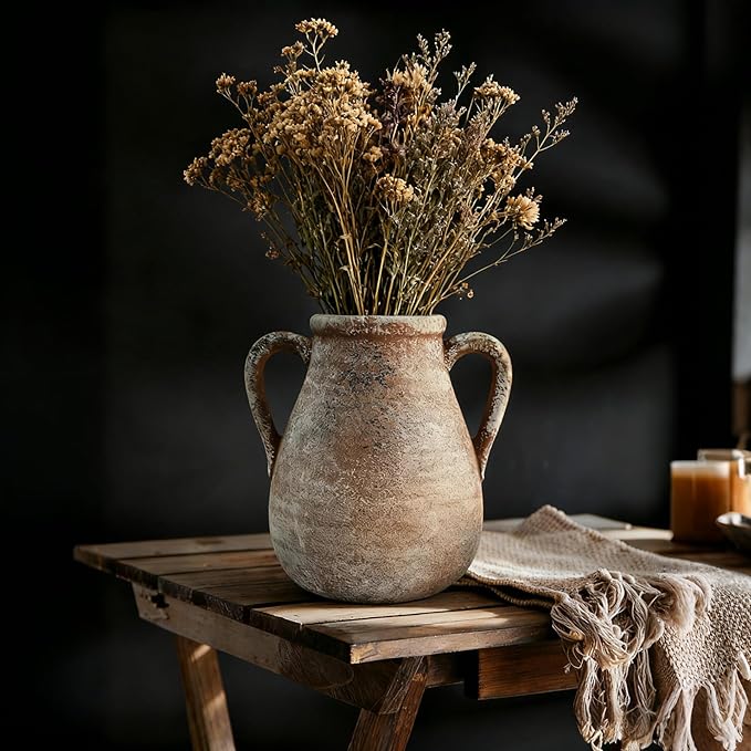 Ceramic Flower Vase Home Decor - 7.5 Inch Farmhouse Rustic Table Vases Living Room Decoration Decorative Vintage Pottery for Kitchen Shelf Coffee Dining Bookshelf Fireplace Centerpiece (Rustic-7.5")