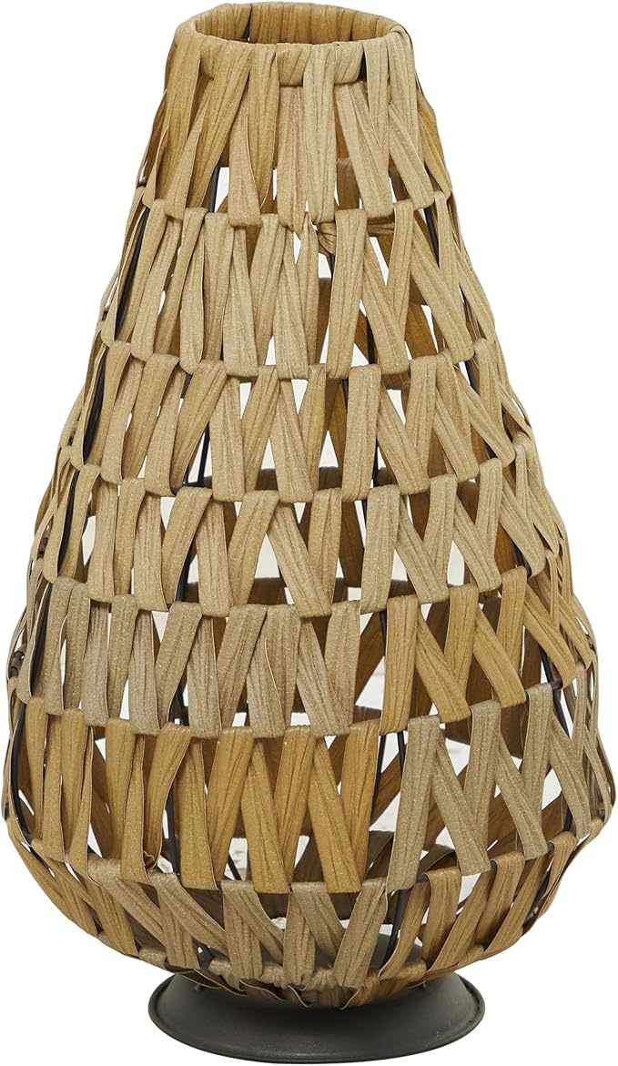 Deco 79 Plastic Rattan Handmade Decorative Candle Lantern with Wrapped Zig Zag Design, 11" x 11" x 19", Light Brown