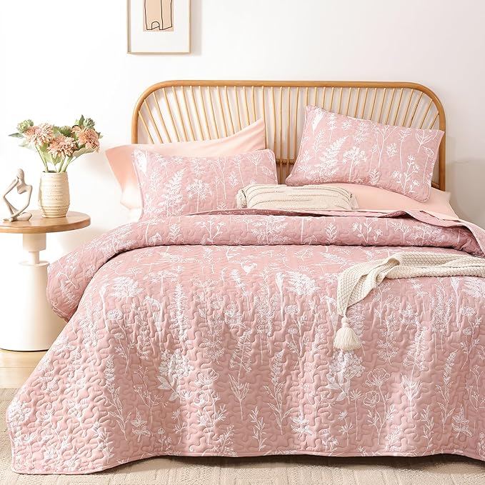 JANZAA Quilts Queen Size Pink Quilt Botanical with Floral Pattern Microfiber Bedspreads Queen Size 3 Pieces Lightweight Comforter Reversible Bedding Set with 2 Pillow Cases