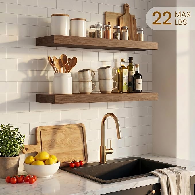Dreamland Floating Shelves, Rustic Wooden Black Wall Shelves for Bathroom|Bedroom|Kitchen, Deep Wall Mounted Book Shelf, Wood Storage Display Shelf for Home Decor, 22.5" X 6.7" Set of 2
