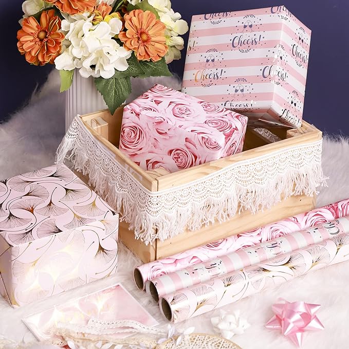 MAYPLUSS Pink Wrapping Paper Roll - Mini Roll - 17in X 120in Per roll - 3 Different Pink Floral Design (42.3 sqft) for Birthday, Holiday, Wedding, Baby Shower Valentine's Day