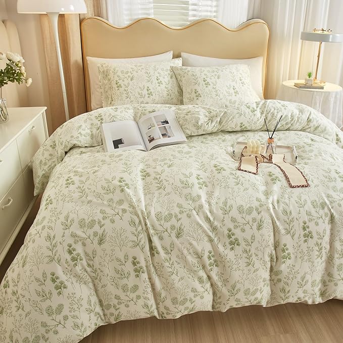 Garden Style Green Floral Comforter Set Full Size White Soft Fluffy Microfiber Comforter Chic Floral Printed Bedding Set Vintage Flowers Leaves Botanical Comforter Set All Seasons Full Comforter Set