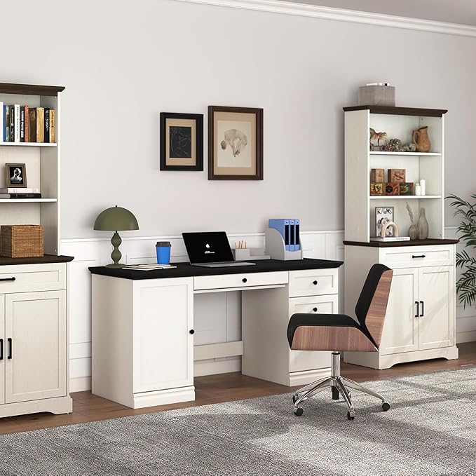 60.5" Executive Office Desk, Classic Computer Desk with File Drawer, Keyboard Tray Cabinet Storage, Farmhouse Wood Writing Desk for Home Office or Study, White with Black Desktop